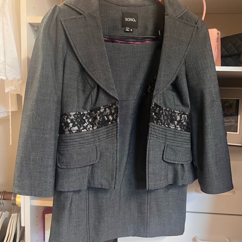 XOXO Women's Charcoal skirt suit with Lace Accents